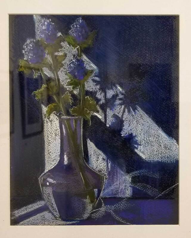 pastel drawing of flowers in a vase by a window