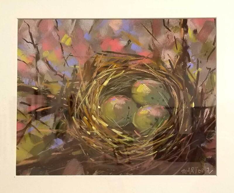 pastel drawing of eggs in a nest