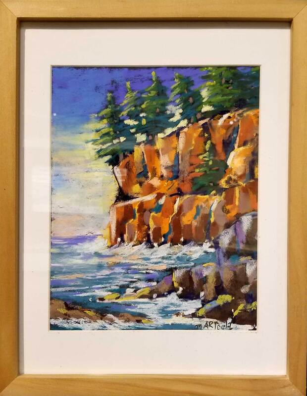pastel drawing of red cliffs over water