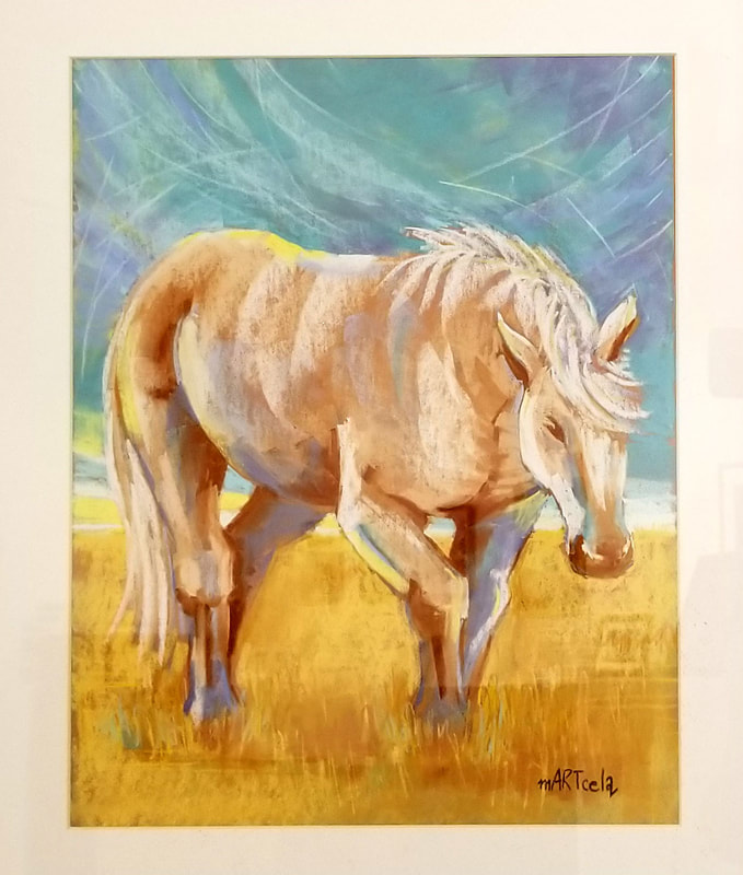 pastel drawing of horse in a meadow