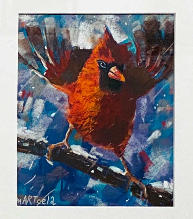 pastel drawing of a red bird